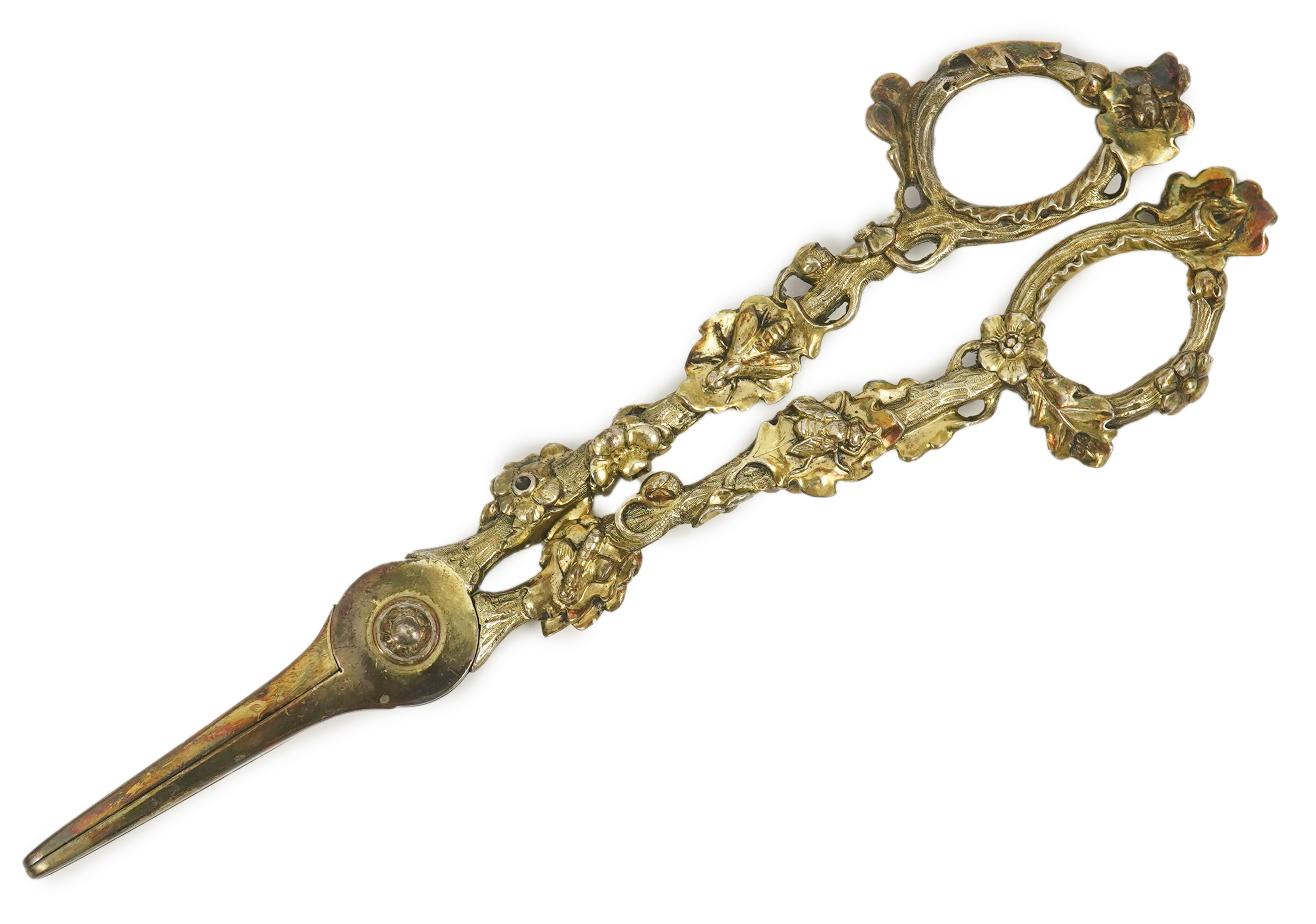 A cased pair of William IV Paul Storr silver gilt grape shears, in later case